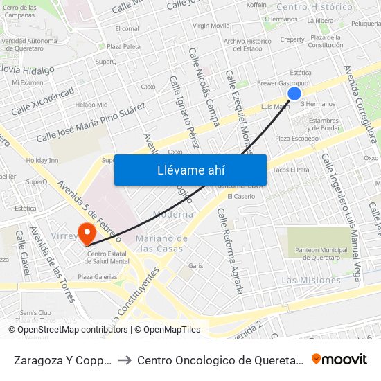 Zaragoza Y Coppel to Centro Oncologico de Queretaro map