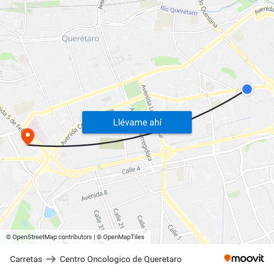Carretas to Centro Oncologico de Queretaro map