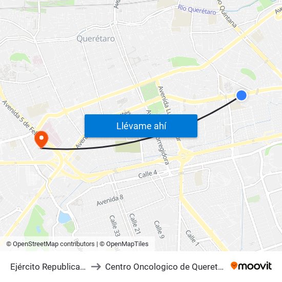 Ejército Republicano to Centro Oncologico de Queretaro map
