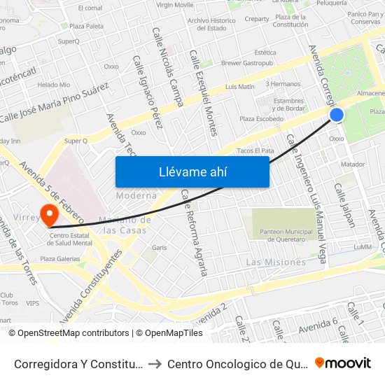 Corregidora Y Constituyentes to Centro Oncologico de Queretaro map