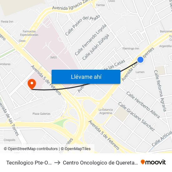 Tecnilogico Pte-Ote to Centro Oncologico de Queretaro map