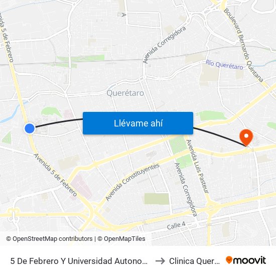 5 De Febrero Y Universidad Autonoma De Qro. to Clinica Queretaro map