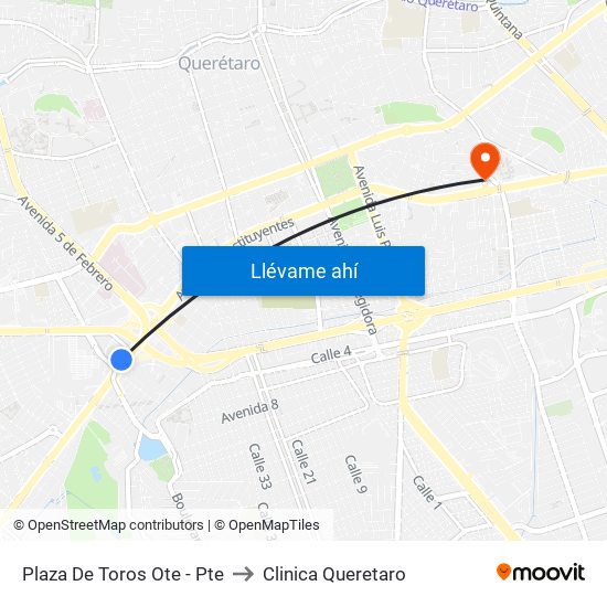 Plaza De Toros Ote - Pte to Clinica Queretaro map