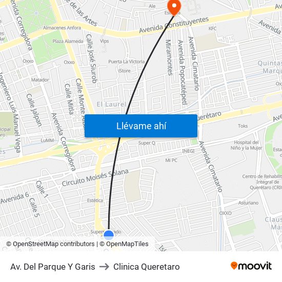 Av. Del Parque Y Garis to Clinica Queretaro map