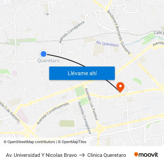 Av. Universidad Y Nicolas Bravo to Clinica Queretaro map