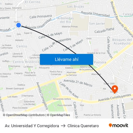 Av. Universidad Y Corregidora to Clinica Queretaro map