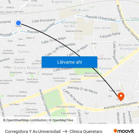 Corregidora Y Av.Universidad to Clinica Queretaro map