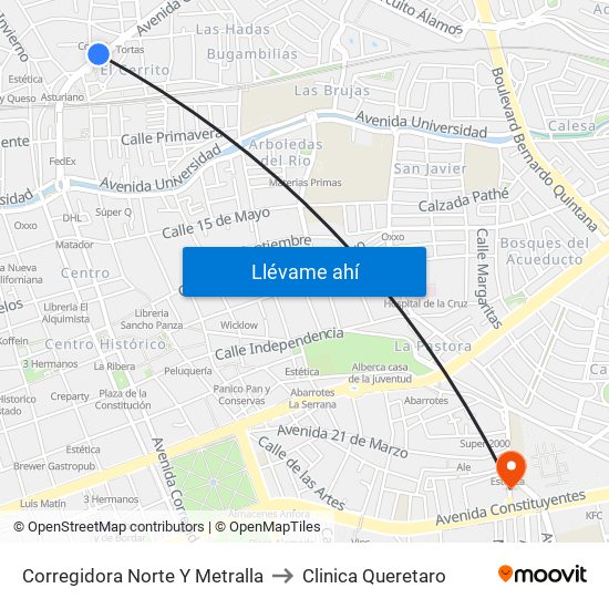 Corregidora Norte Y Metralla to Clinica Queretaro map