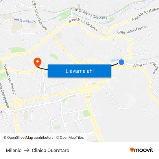 Milenio to Clinica Queretaro map