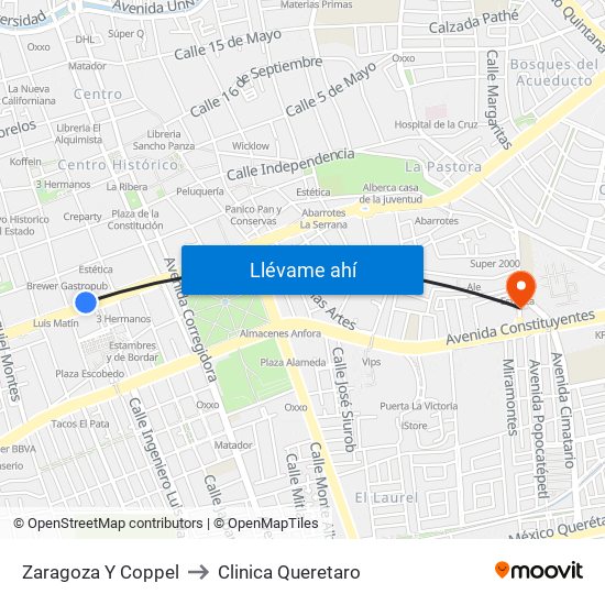 Zaragoza Y Coppel to Clinica Queretaro map