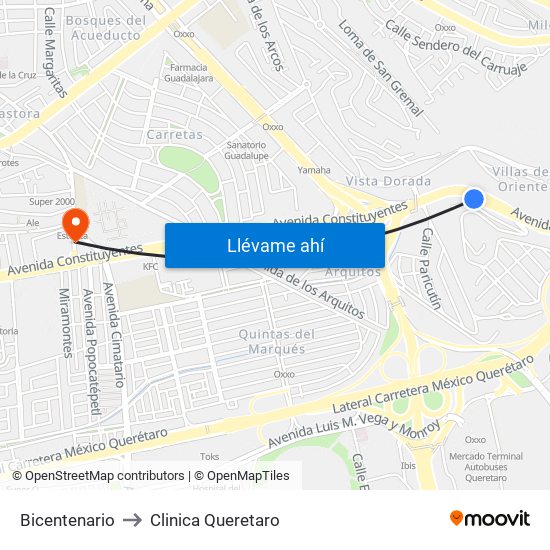 Bicentenario to Clinica Queretaro map
