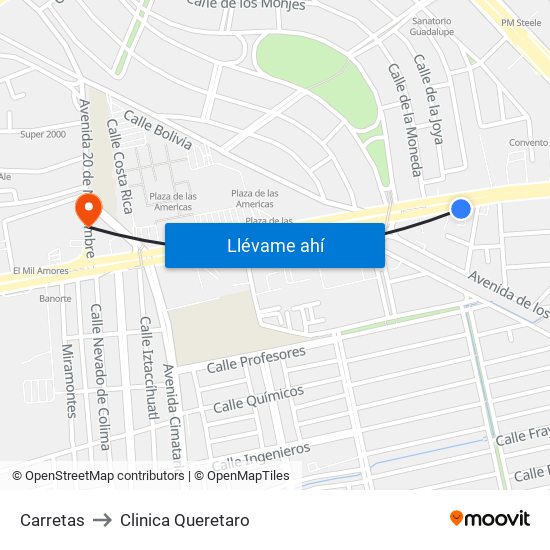 Carretas to Clinica Queretaro map