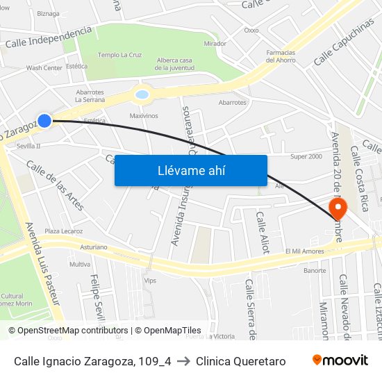 Calle Ignacio Zaragoza, 109_4 to Clinica Queretaro map