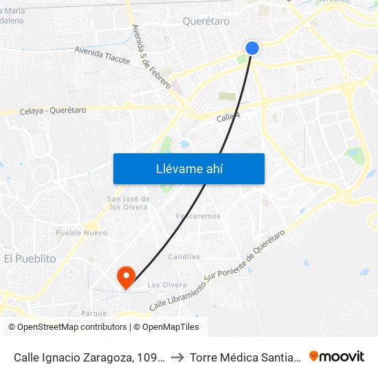 Calle Ignacio Zaragoza, 109_4 to Torre Médica Santiago map