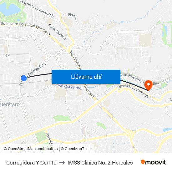 Corregidora Y Cerrito to IMSS Clínica No. 2 Hércules map