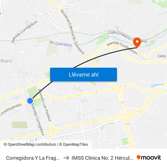 Corregidora Y La Fragua to IMSS Clínica No. 2 Hércules map