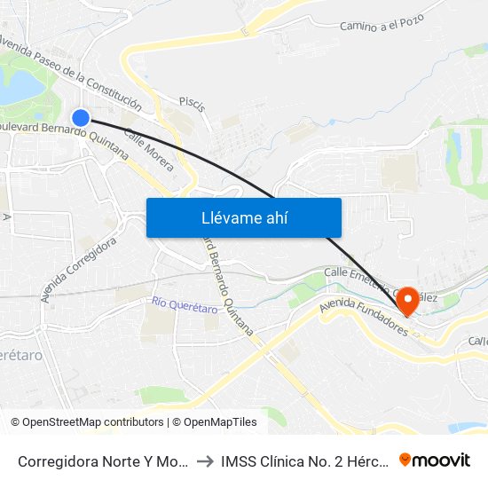 Corregidora Norte Y Morera to IMSS Clínica No. 2 Hércules map