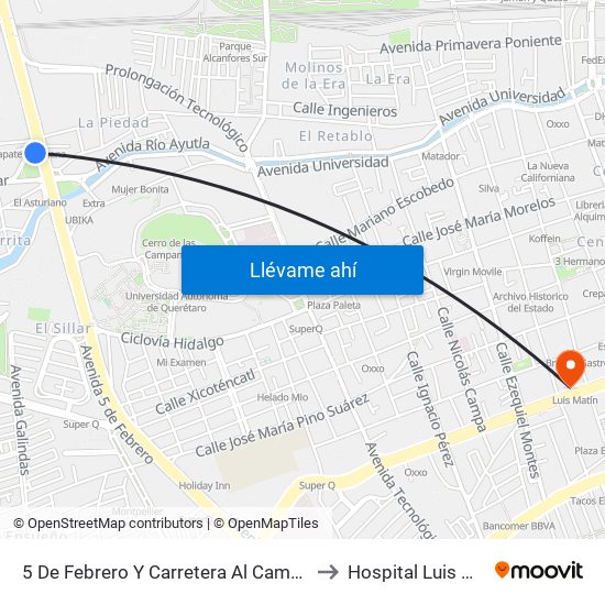 5 De Febrero Y Carretera Al Campo Militar to Hospital Luis Martin map