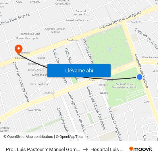 Prol. Luis Pasteur Y Manuel Gomez Morin to Hospital Luis Martin map