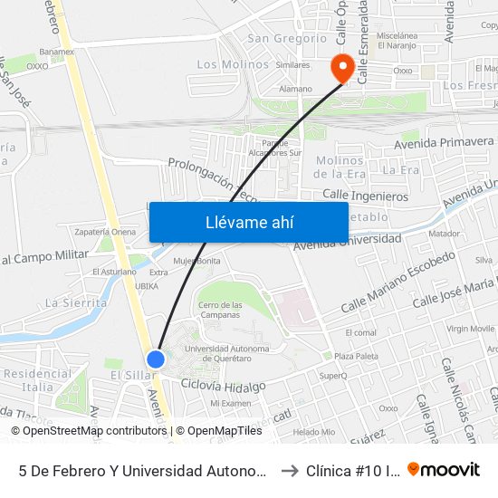 5 De Febrero Y Universidad Autonoma De Qro. to Clínica #10 IMSS map