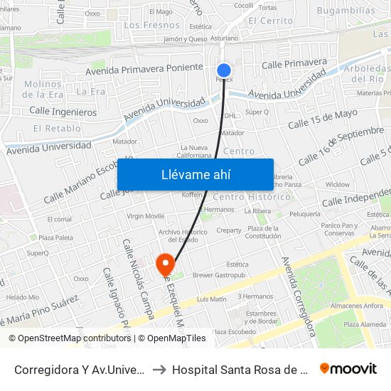 Corregidora Y Av.Universidad to Hospital Santa Rosa de Viterbo map
