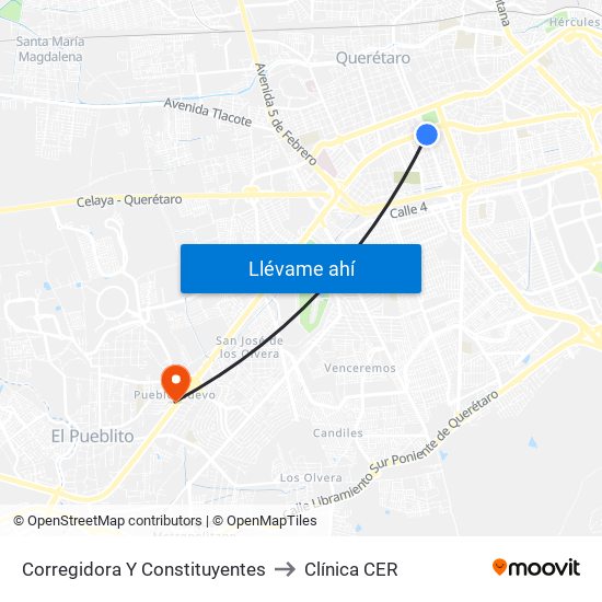 Corregidora Y Constituyentes to Clínica CER map