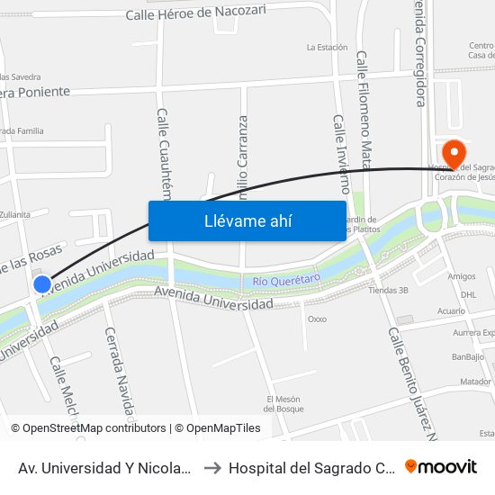 Av. Universidad Y Nicolas Bravo to Hospital del Sagrado Corazon map