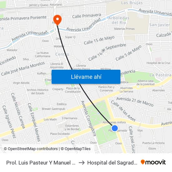 Prol. Luis Pasteur Y Manuel Gomez Morin to Hospital del Sagrado Corazon map