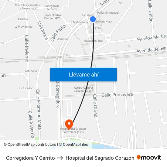 Corregidora Y Cerrito to Hospital del Sagrado Corazon map