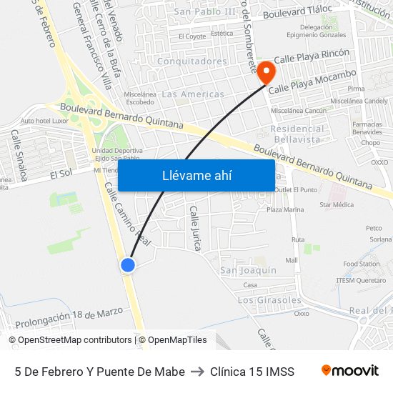 5 De Febrero Y Puente De Mabe to Clínica 15 IMSS map