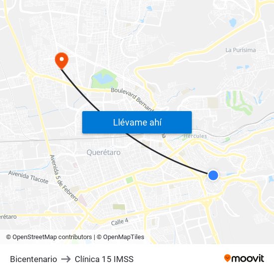 Bicentenario to Clínica 15 IMSS map