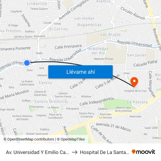 Av. Universidad Y Emilio Carranza to Hospital De La Santa Cruz map