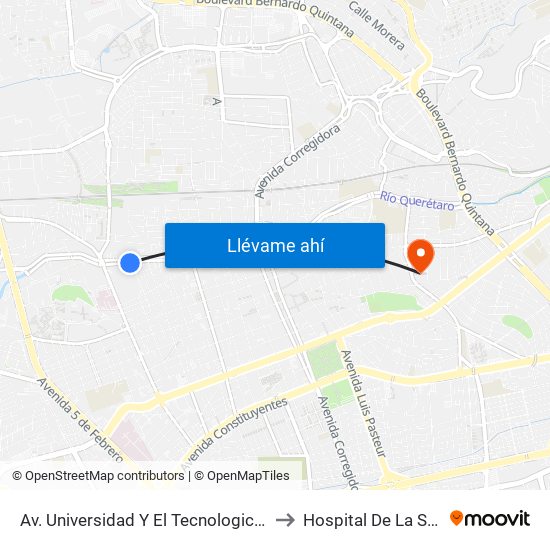Av. Universidad Y El Tecnologico De Queretaro to Hospital De La Santa Cruz map