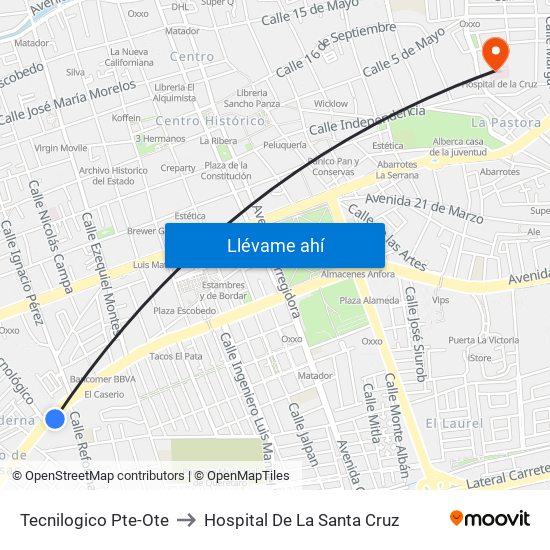 Tecnilogico Pte-Ote to Hospital De La Santa Cruz map