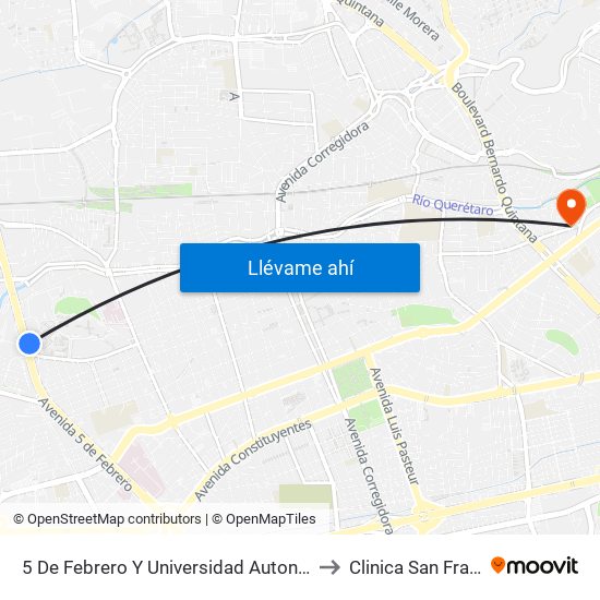 5 De Febrero Y Universidad Autonoma De Qro. to Clinica San Francisco map