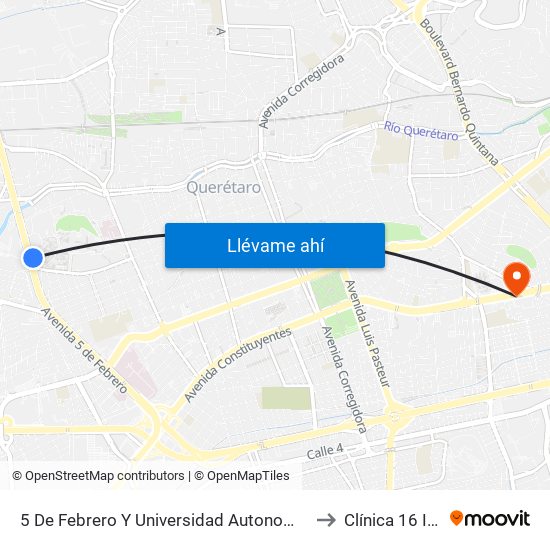 5 De Febrero Y Universidad Autonoma De Qro. to Clínica 16 IMSS map