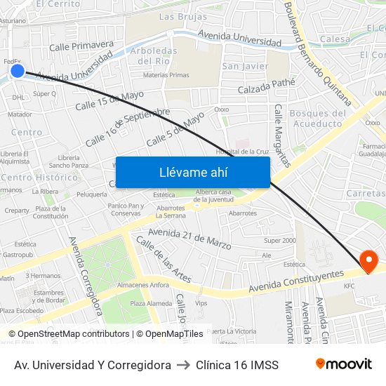 Av. Universidad Y Corregidora to Clínica 16 IMSS map