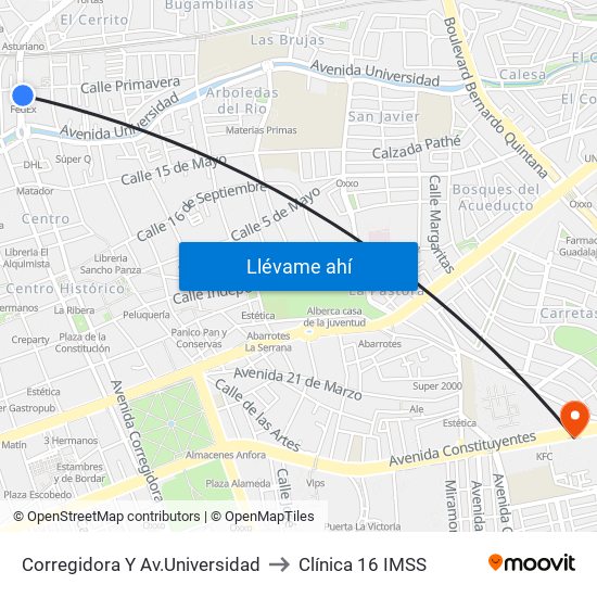 Corregidora Y Av.Universidad to Clínica 16 IMSS map