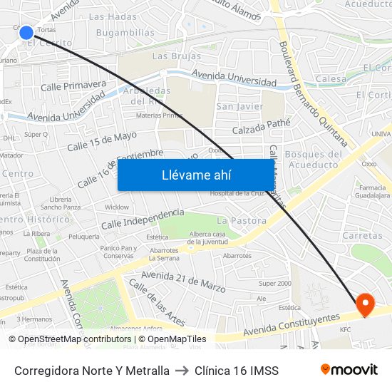 Corregidora Norte Y Metralla to Clínica 16 IMSS map