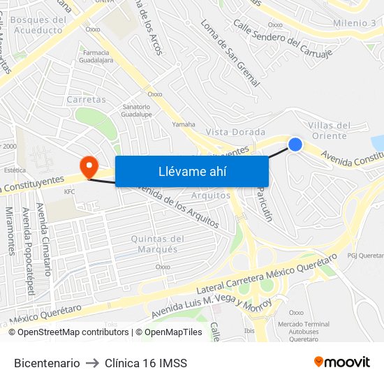 Bicentenario to Clínica 16 IMSS map