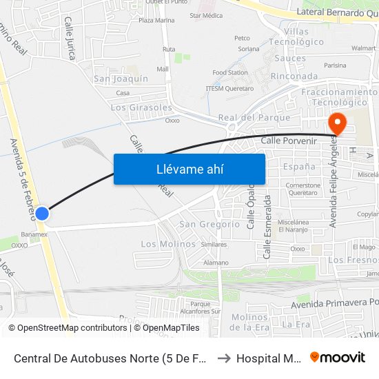 Central De Autobuses Norte (5 De Febrero Y Epigmenio González) to Hospital Medica EBOR map