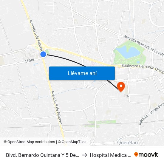 Blvd. Bernardo Quintana Y 5 De Febrero to Hospital Medica EBOR map