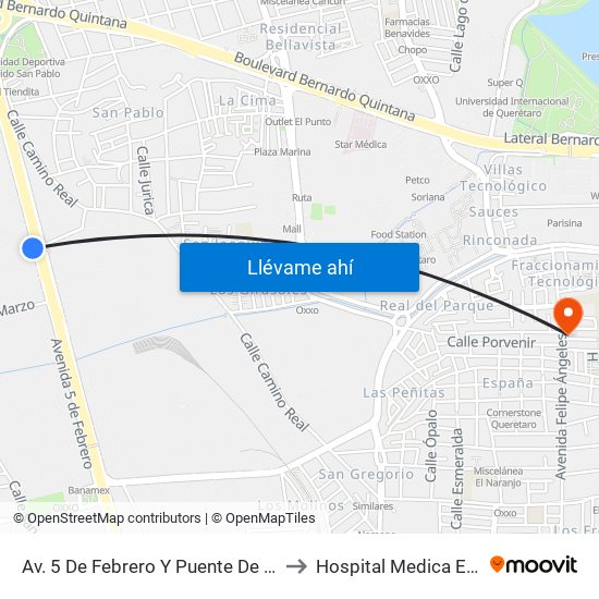 Av. 5 De Febrero Y Puente De Mabe to Hospital Medica EBOR map