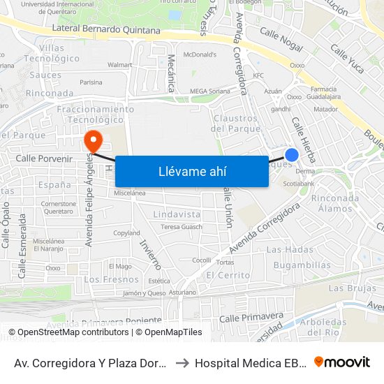 Av. Corregidora Y Plaza Dorada to Hospital Medica EBOR map