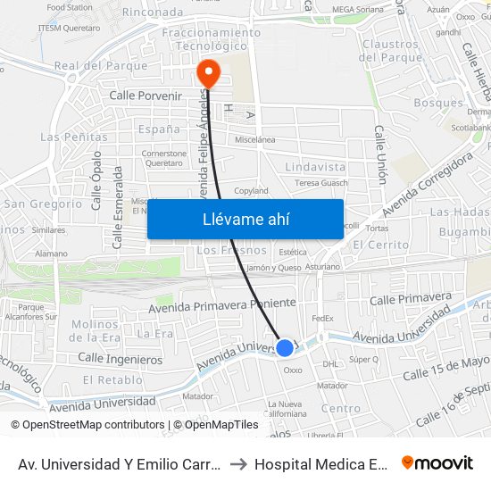 Av. Universidad Y Emilio Carranza to Hospital Medica EBOR map