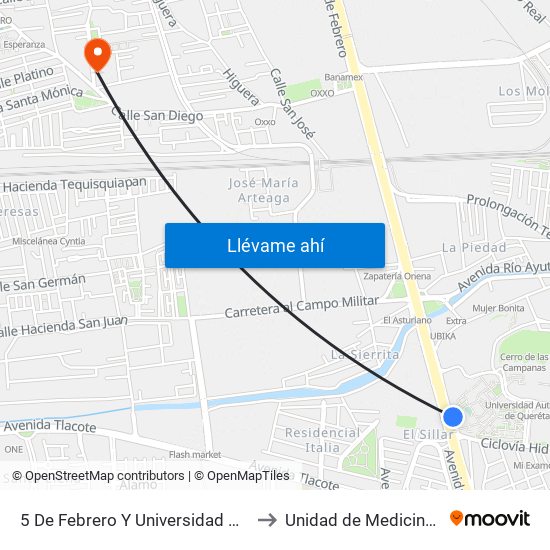 5 De Febrero Y Universidad Autonoma De Qro. to Unidad de Medicina Familiar #9 map