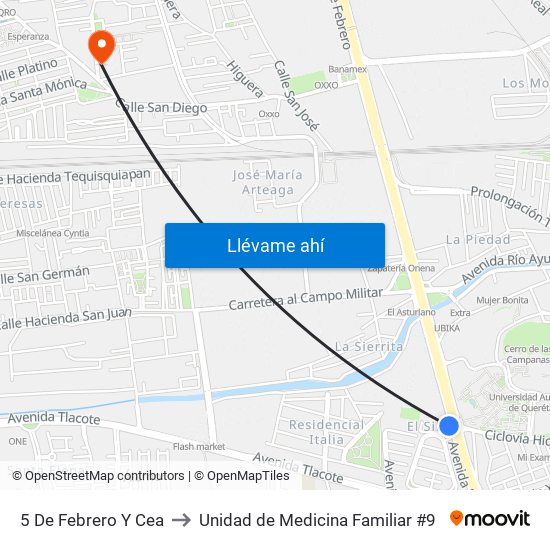5 De Febrero Y Cea to Unidad de Medicina Familiar #9 map