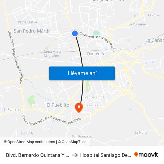 Blvd. Bernardo Quintana Y 5 De Febrero to Hospital Santiago De Queretaro map