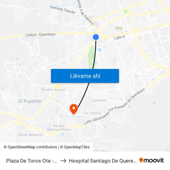 Plaza De Toros Ote - Pte to Hospital Santiago De Queretaro map