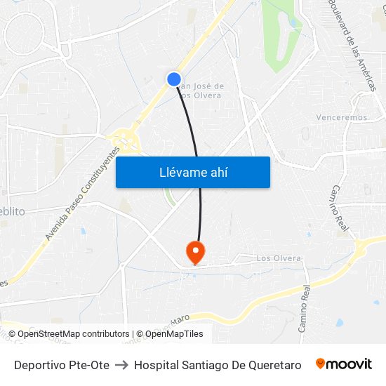Deportivo Pte-Ote to Hospital Santiago De Queretaro map